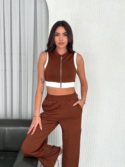 Osy Modal Yumuşak Dokulu Kumaş Tam Fermuarlı Crop Pantalon İkili Takım - Kahverengi resmi